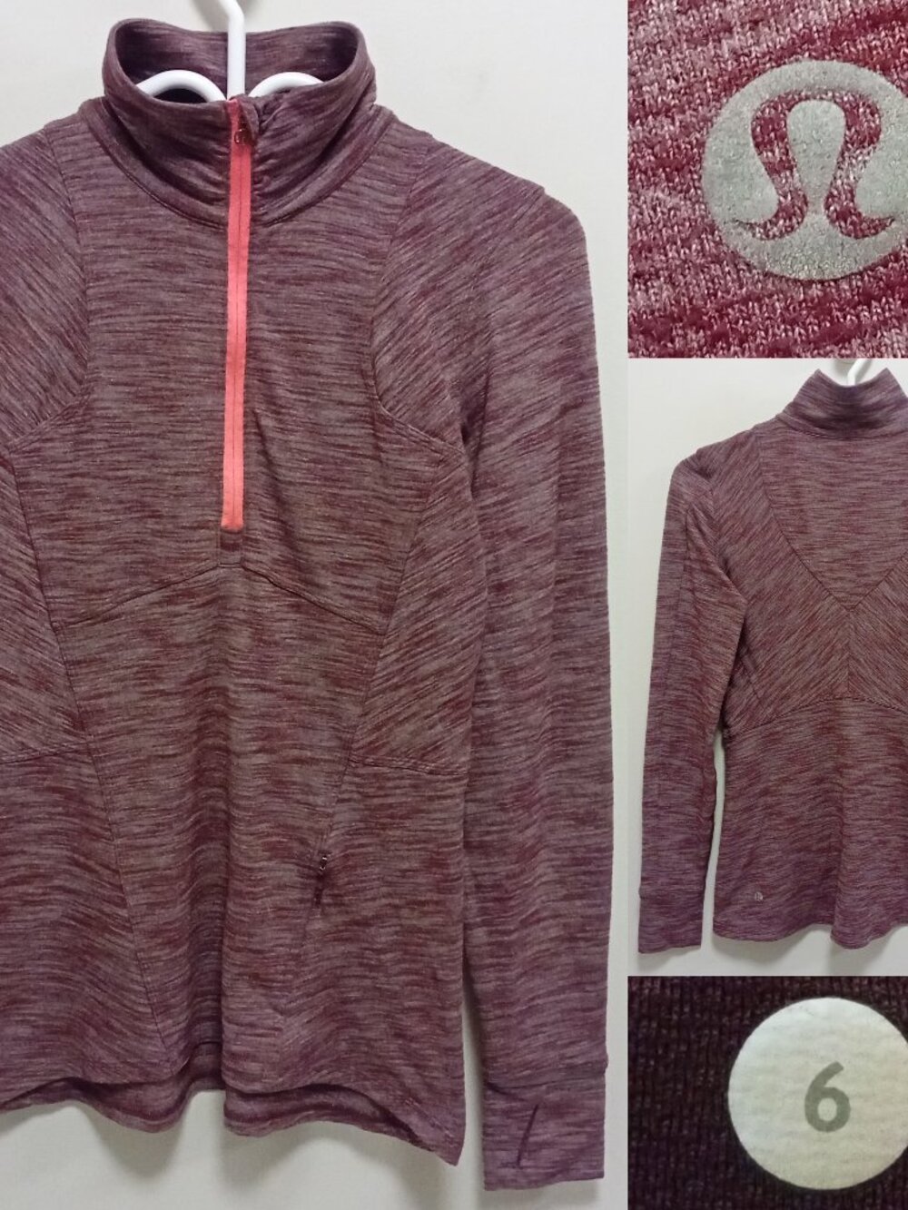 Lululemon Kanto Catch Me 1/2 Zip Heathered Bordeaux Drama Rulu Thumbhole 6 Small